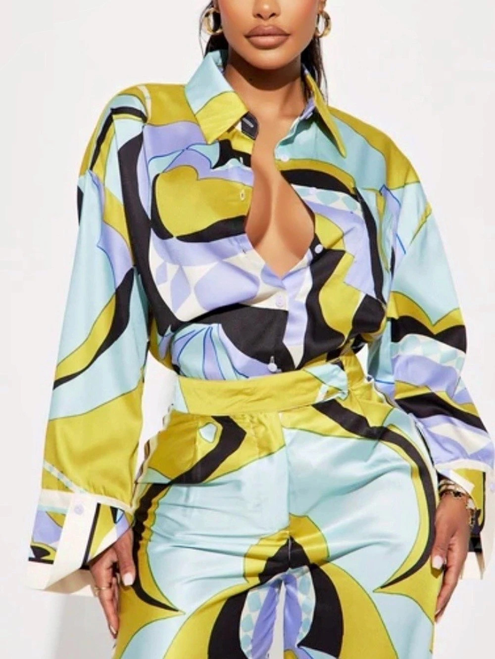 PrettyLittleThing Abstract Print Satin Shirt Yellow & Blue Like New